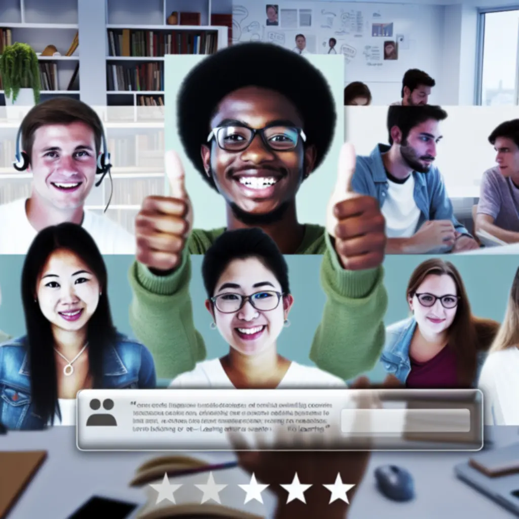 Grupa zadowolonych studentów dzielących się pozytywnymi opiniami o nauce online