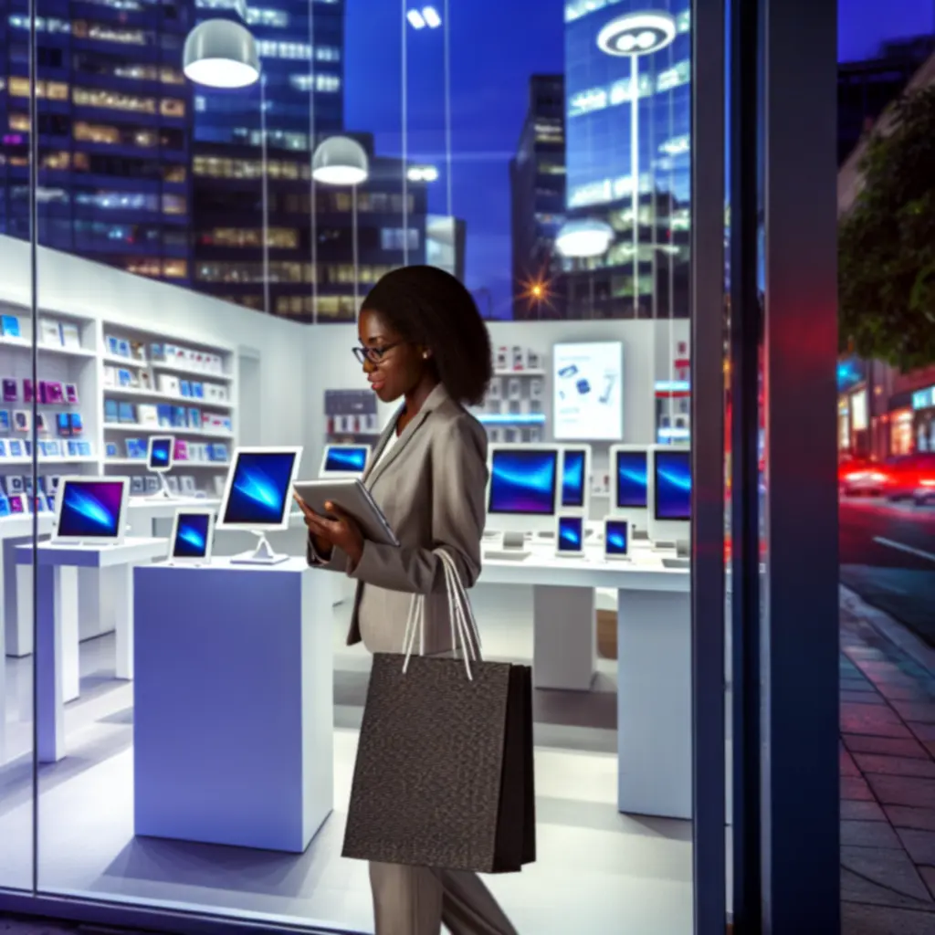 Miejska scena zakupów elektroniki z nowoczesnymi, podświetlonymi witrynami i urządzeniami